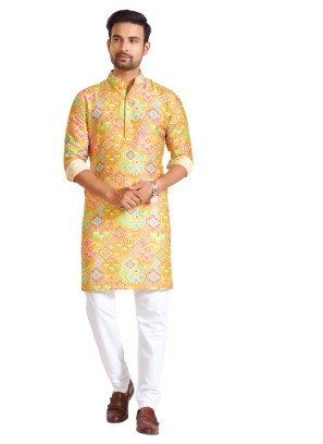 Cotton Lemon Yellow Printed Kurta Pajama