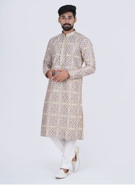 Cotton Light Yellow Kurta Pajama For Men