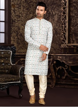 Cotton Lucknowi Embroidered Kurta Pajama In Off White