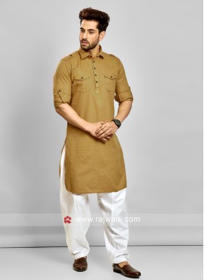 Cotton Pathani Suit In Mustard Yellow Color
