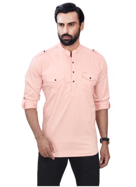 Cotton Peach Short Kurta For Men