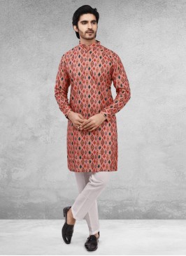 Cotton Prinred Kurta Pajama In Dark Peach