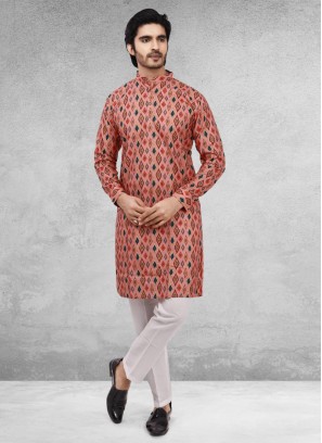 Cotton Prinred Kurta Pajama In Dark Peach