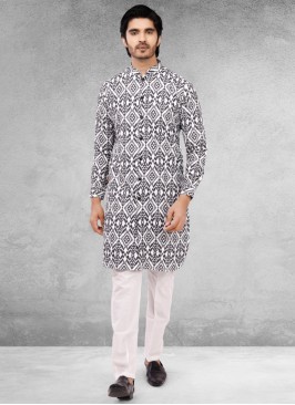 Cotton Silk Black And White Printed Kurta Pajama