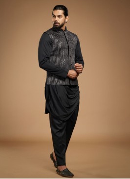 Cotton Silk Black Cowl Style Nehru Jacket Set