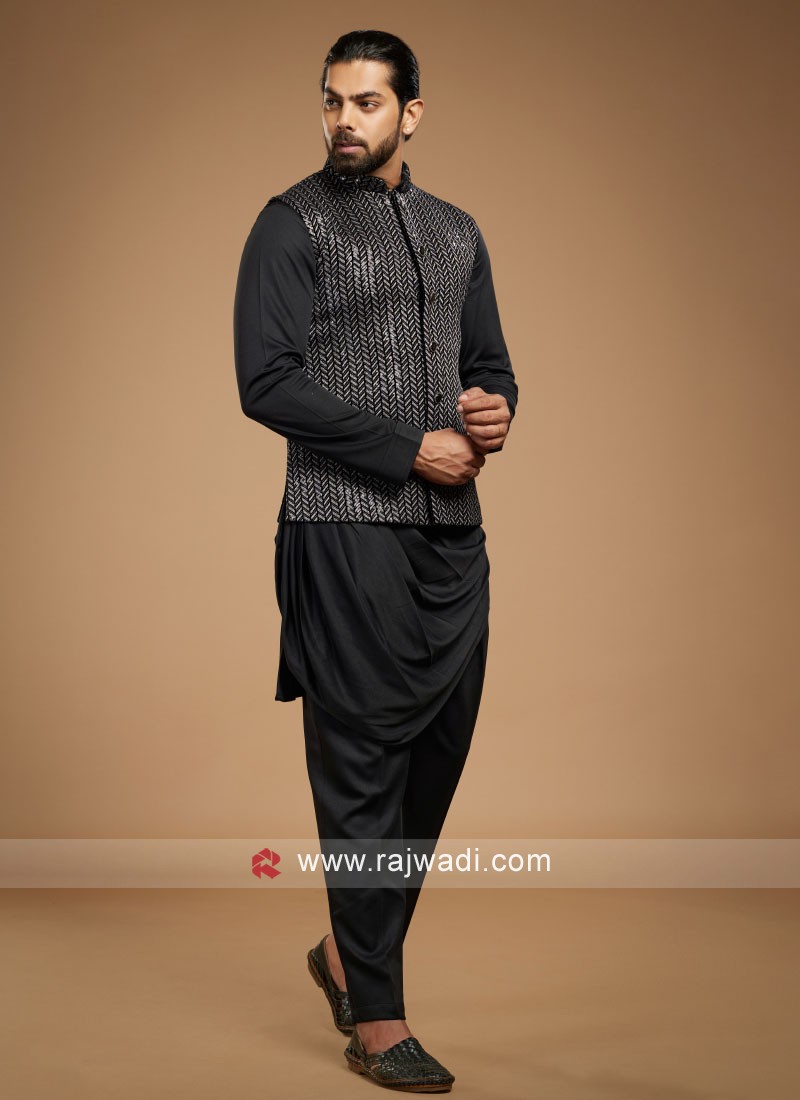 Cotton Silk Black Cowl Style Nehru Jacket Set