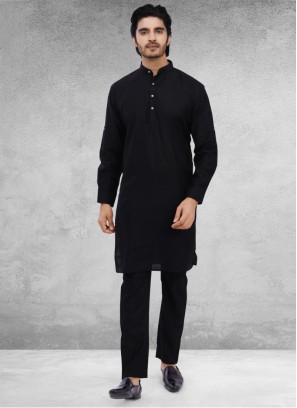 Cotton Silk Black Kurta Pajama