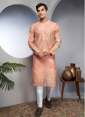 Cotton Silk Embroidered Kurta Pajama For Men