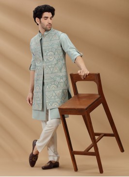 Cotton Silk Embroidered Nehru Jacket Set