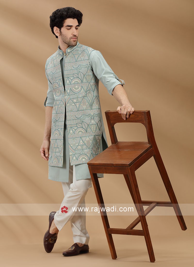 Cotton Silk Embroidered Nehru Jacket Set