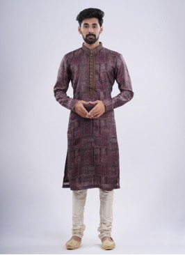 Cotton Silk Fancy Printed Kurta Pajama In Wine