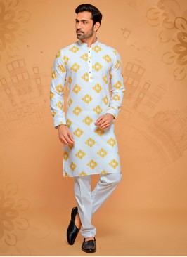 Cotton Silk Fancy Printed White Kurta Pajama