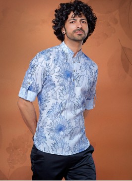 Cotton Silk Floral Print Kurta For Men