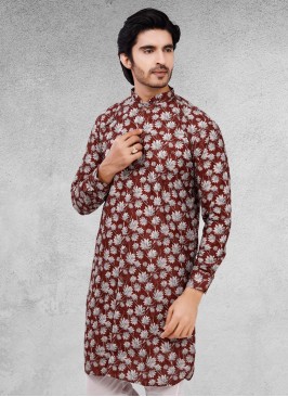 Cotton Silk Floral Printed Kurta In Maroon