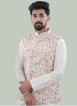 Cotton Silk Floral Printed Nehru Jacket