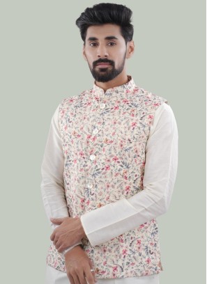 Cotton Silk Floral Printed Nehru Jacket