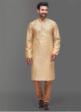 Cotton Silk Golden Cream Kurta Pajama For Wedding