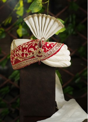 Cotton Silk Groom Wear Safa In Cream And Red Color