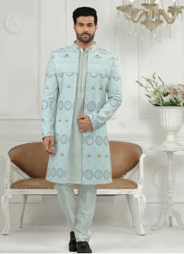 Cotton Silk Jacket Style Indowestern In Sky Blue Color