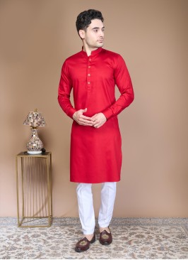 Cotton Silk Kurta Pajama In Red And White Color