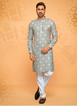Cotton Silk Light Grey And Off White Kurta Pajama For Men