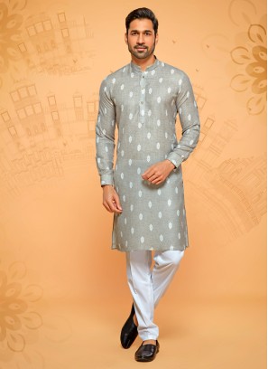 Cotton Silk Light Grey And Off White Kurta Pajama For Men