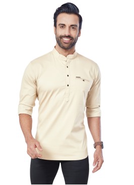 Cotton Mens Short Kurta In Fawn