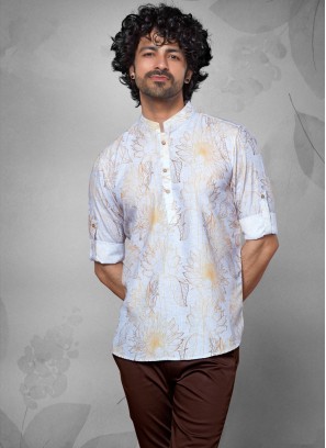 Cotton Silk Off White Printed Kurta