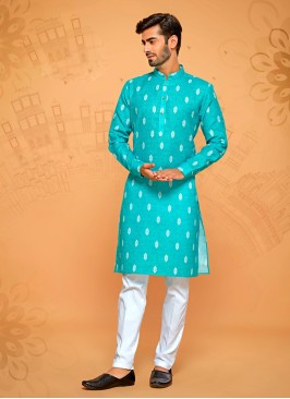 Cotton Silk Printed Firozi Color Kurta Pajama