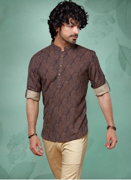 Cotton Silk Printed Kurta In Brown Color