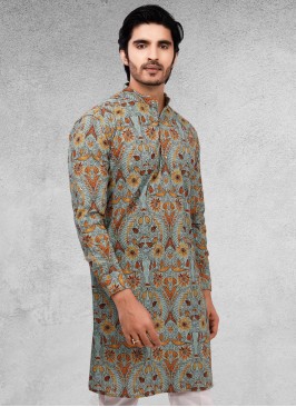 Cotton Silk Printed Kurta In Grey Color