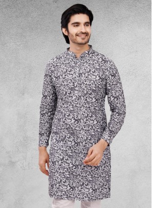 Cotton Silk Printed Kurta In Grey Color