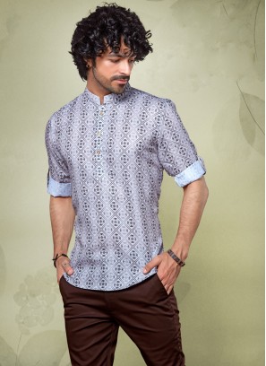 Cotton Silk Printed Kurta In Light Grey Color