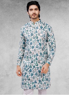 Cotton Silk Printed Kurta In White Color