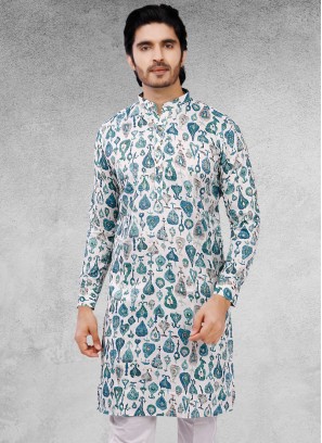 Cotton Silk Printed Kurta In White Color