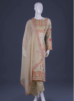 Beige Cotton Silk Readymade Pant Style Salwar Kameez
