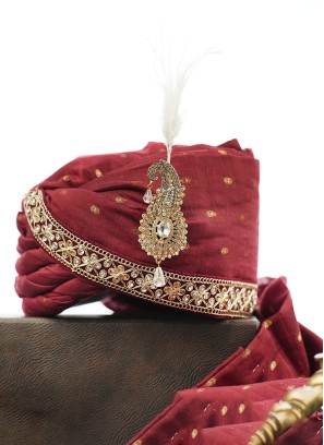 Cotton Silk Safa In Maroon Color With Fancy Broach