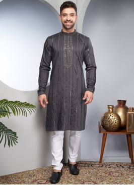 Cotton Silk Sequins Embroidered Dark Grey Kurta Pajama