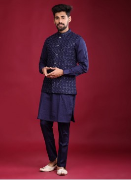 Cotton Silk Sequins Work Navy Blue Nehru Jacket Suit