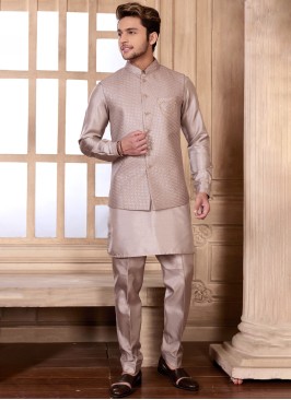 Cotton Silk Thread Embroidered Nehru Jacket Set