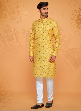 Cotton Silk Yellow Readymade Kurta Pajama For Men
