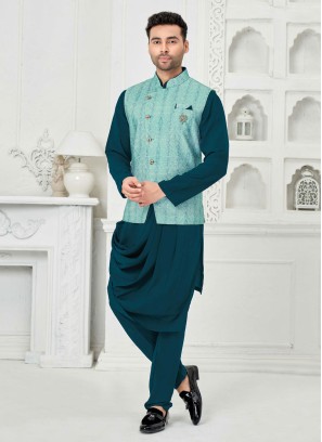 Cowl Style Embroidered Nehru Jacket Set For Wedding