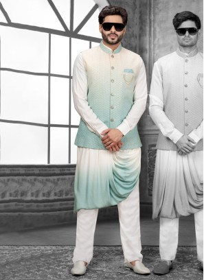 Cowl Style Thread Embroidered Nehru Jacket Set For Men