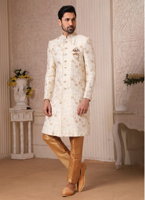 Cream And Golden Jacquard Silk Indowestern Set