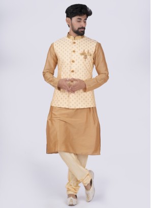 Cream And Golden Wedding Wear Nehru Jacket