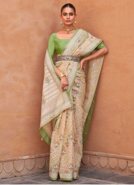 Green and Cream Floral Wedding Classic Saree