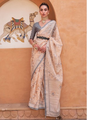 Cream and Grey Fancy Designer Saree