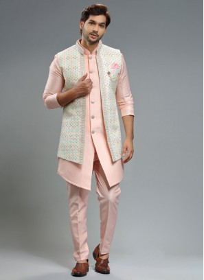 Cream And Light Pink Embroidered Nehru Jacket Set In Silk
