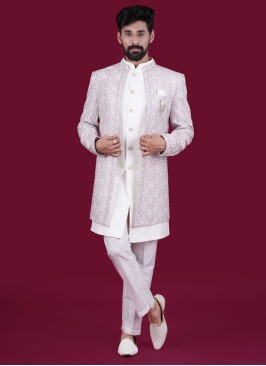 Cream And Light Pink Jacket Style Indowestern In Raw Silk