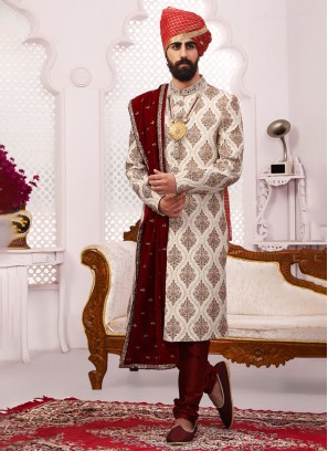 Cream And Maroon Art Banarasi Silk Groom Sherwani